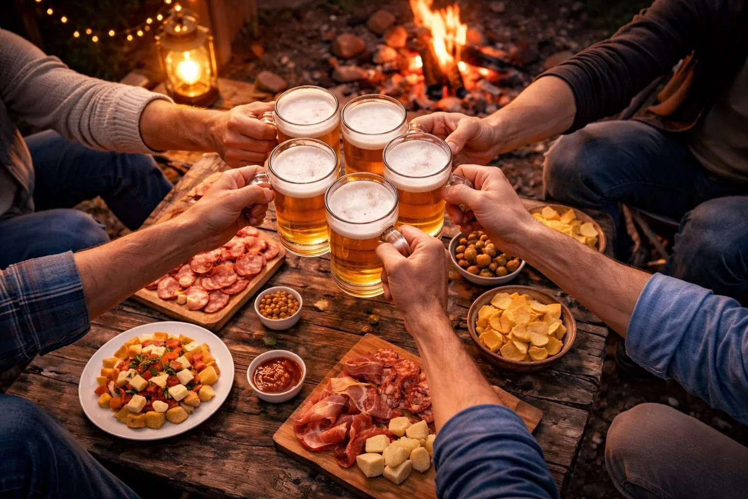 Image of social gathering of people drinking and with food on the table.