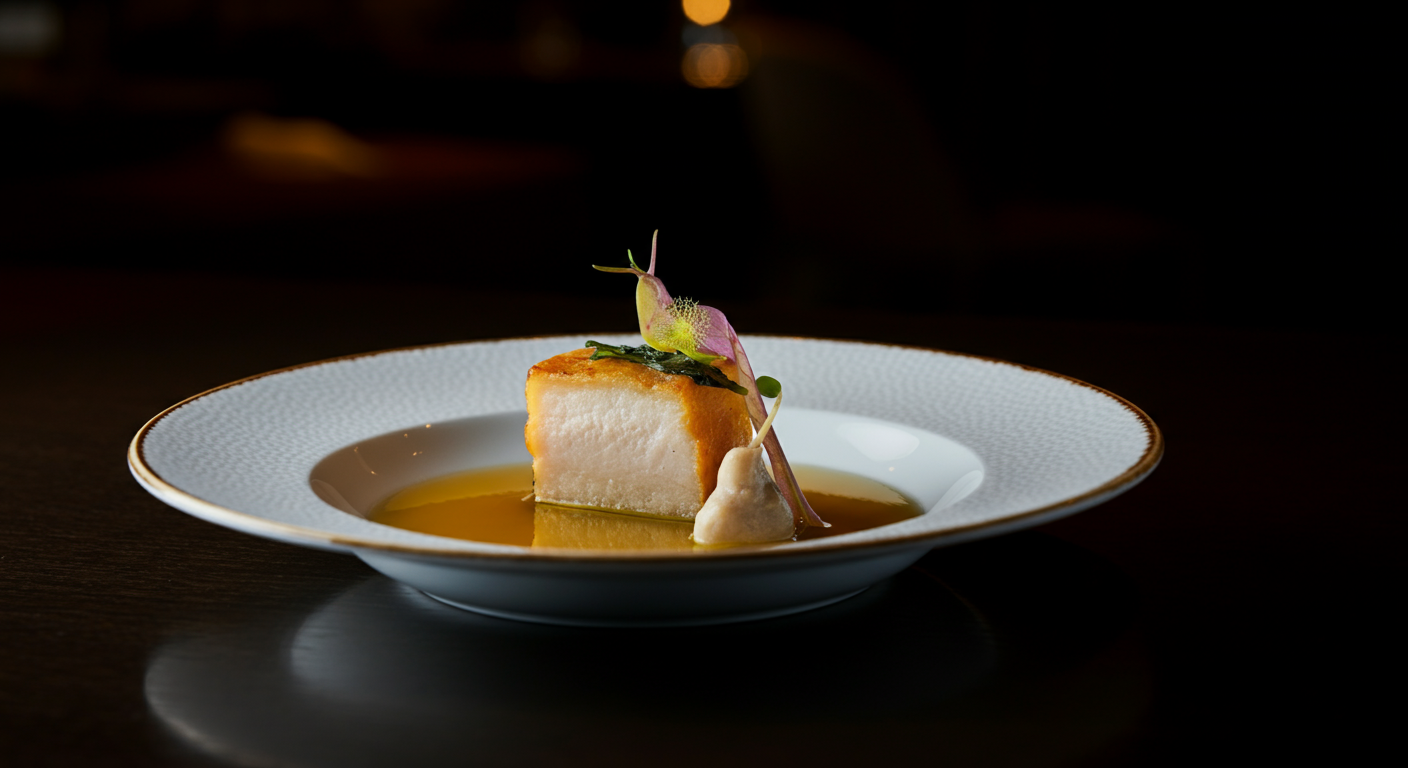 Rectangular cut pork belly on top of sauce garnished with puree and microgreens.