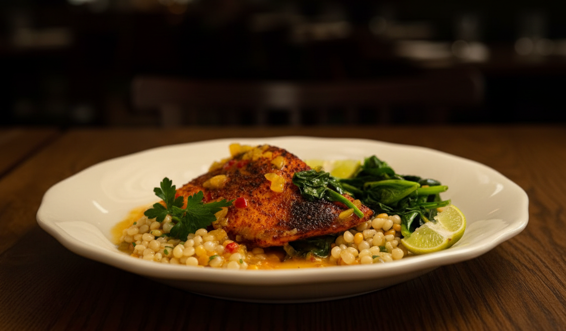 Plate with roasted chicken, leafy greens, cooked corn and lime.