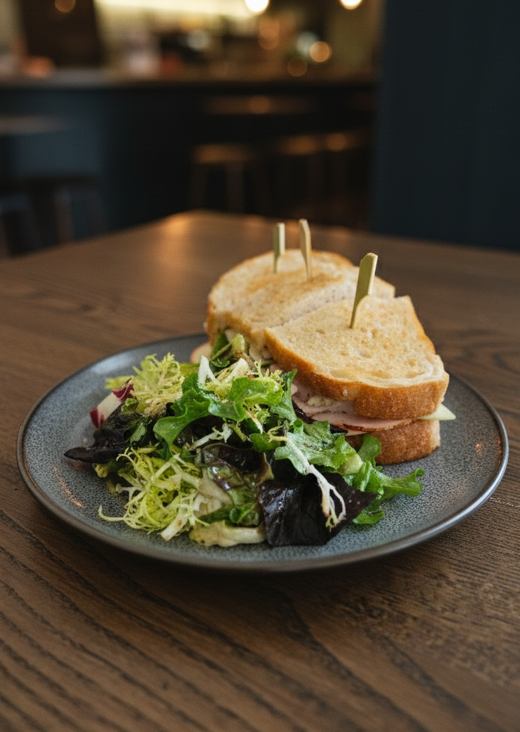 A sourdough turkey sandwich cut in half paired with a kale salad on a plate.