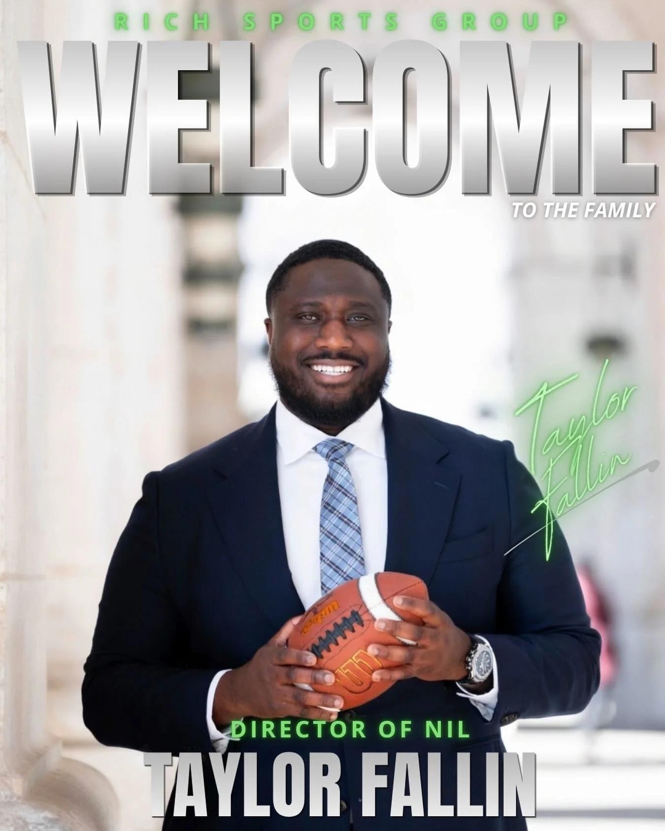 Excited to welcome TAYLOR FALLIN to Rich Sports Group as our Director of NIL.

Taylor Fallin brings a high-level football background, having played Division I at the University of Memphis majoring in Sports Management and professionally with the Tamp