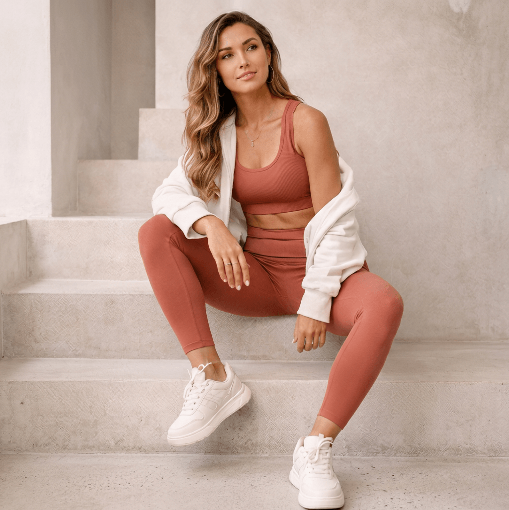 A woman with long wavy hair wearing a matching rust-colored workout set, white sneakers, and a white jacket draped over her shoulders while sitting on concrete stairs against a neutral background.