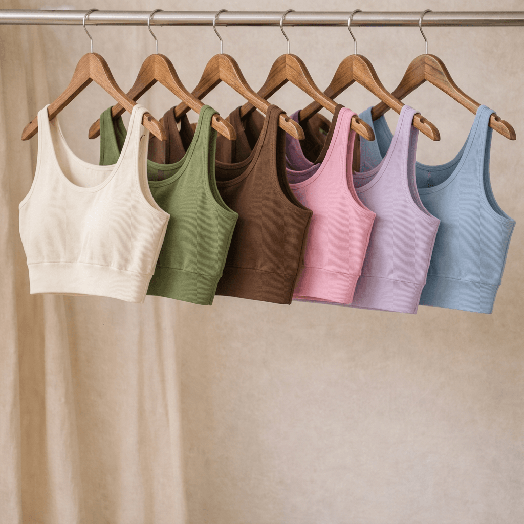 Six pastel-colored crop tops hanging on wooden hangers on a metal rod, arranged from left to right in white, light green, brown, pink, lavender, and blue.