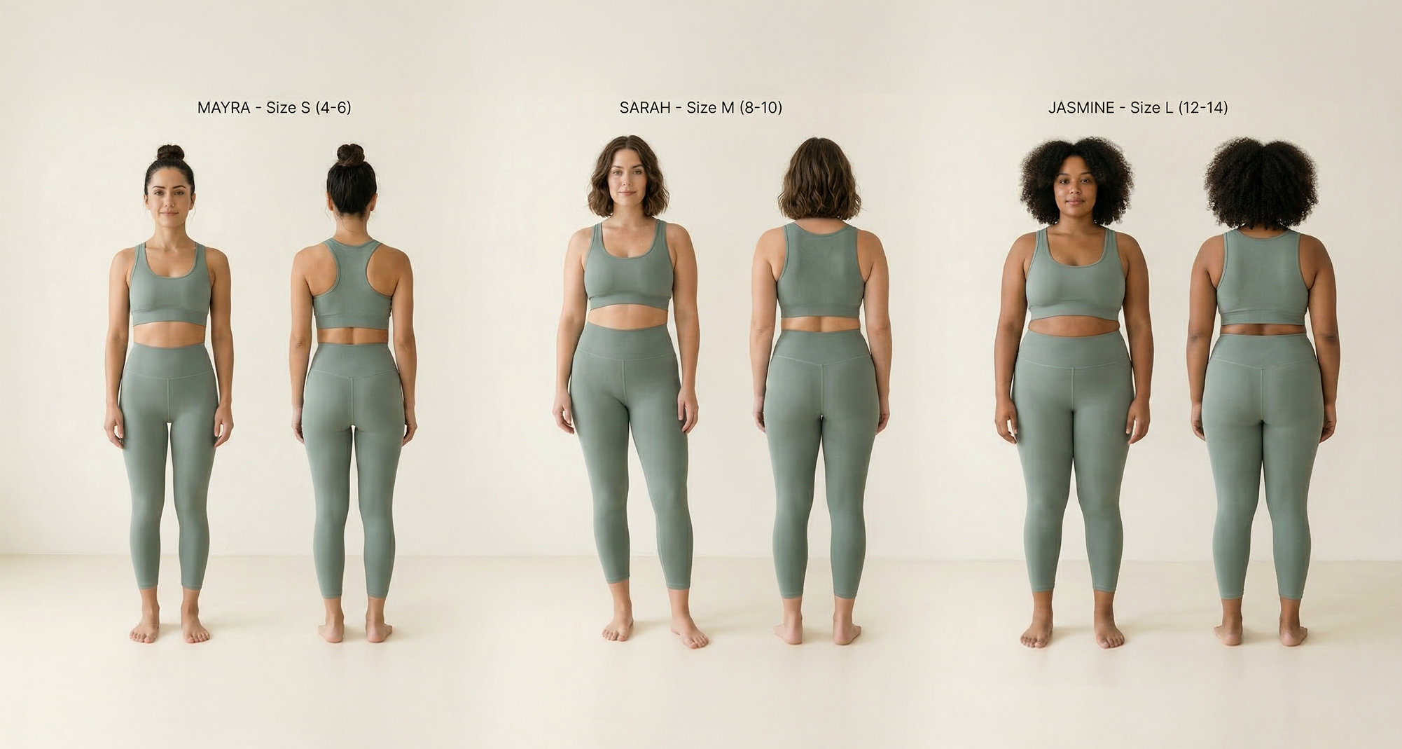 Six women standing in a line, facing forward and backward, wearing matching light green athletic outfits. The women are of different heights and hair types, with their names and sizes listed above: Mayra (size S), Sarah (size M), and Jasmine (size L).