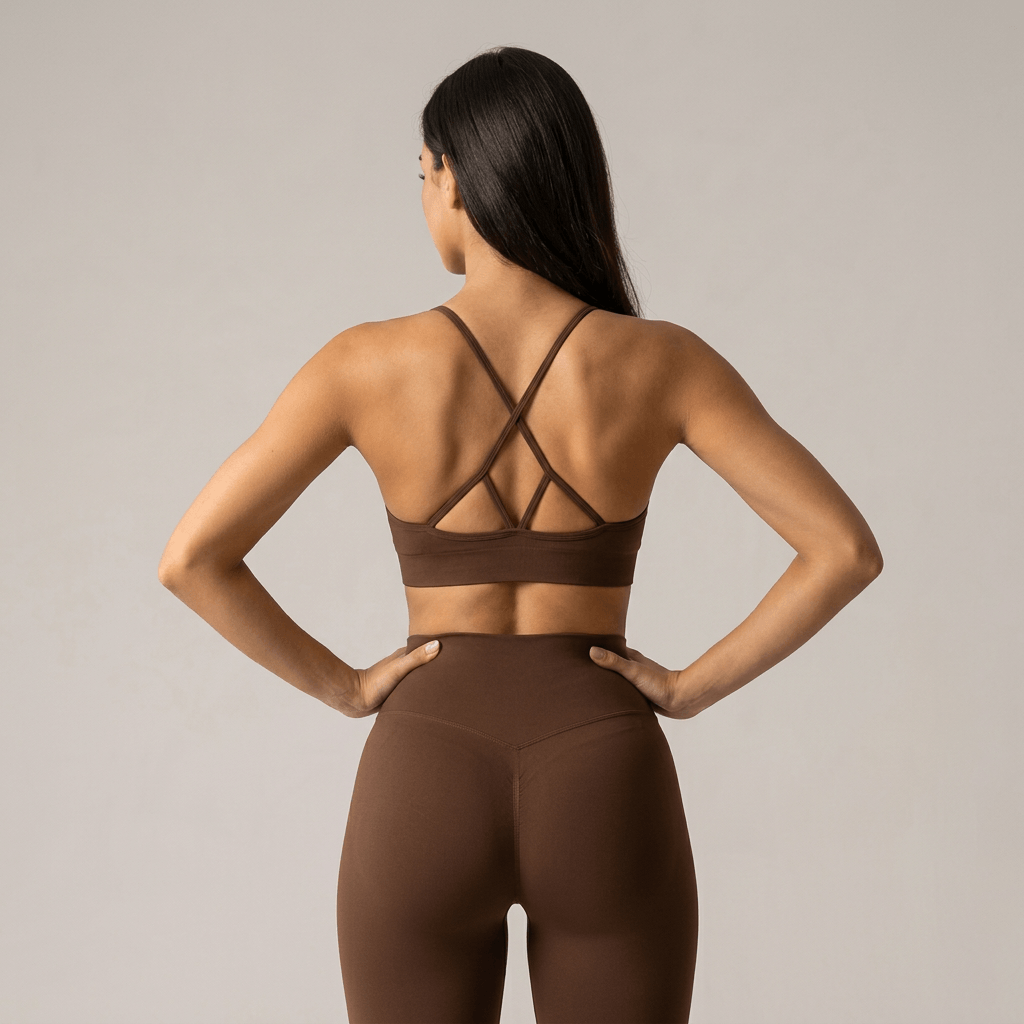 Ultra-realistic premium activewear photography. Back view of a fit toned woman wearin 671642.png