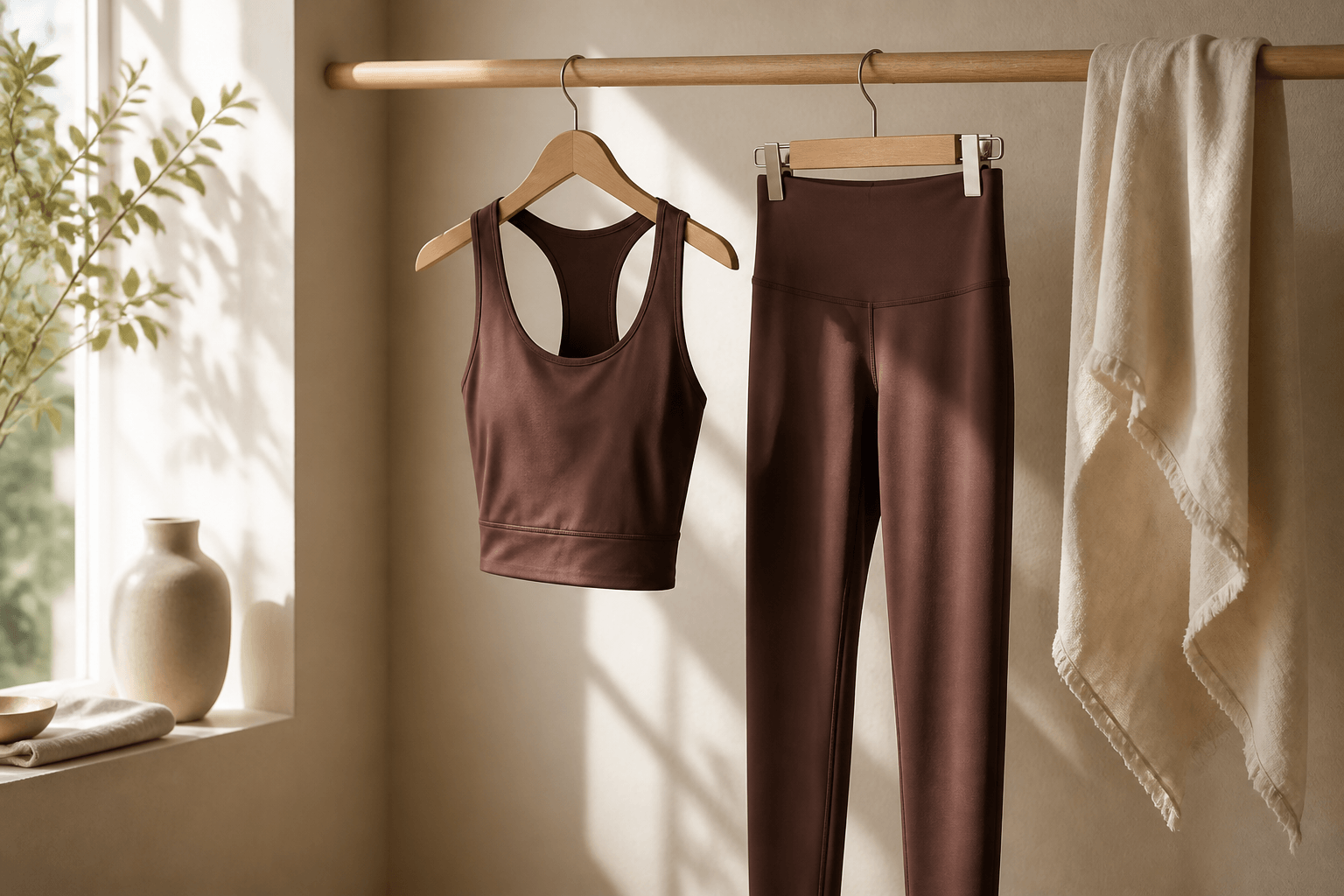 Brown athletic tank top and matching leggings hanging on a wooden clothing rack, with a beige towel draped over the rack and sunlight streaming through a nearby window.