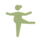 A green silhouette of a ballerina with a heart-shaped head, standing on one leg with arms outstretched