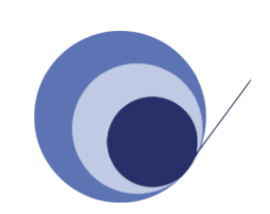 Close-up of a logo featuring concentric circles in shades of blue and black with a white outline