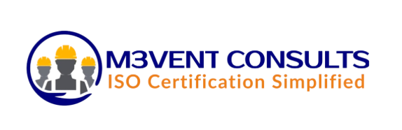Logo of M3VENT CONSULTS with a graphic of three construction workers wearing hard hats, and the text 'ISO Certification Simplified' in orange.
