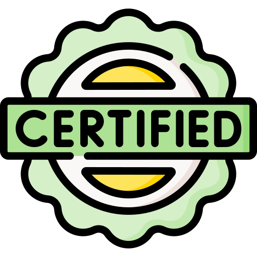 Berry blue Certified badge with green and black design indicating certification.
