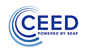 Logo with the word 'CED' and the phrase 'Powered by SEAT' in blue and black text.