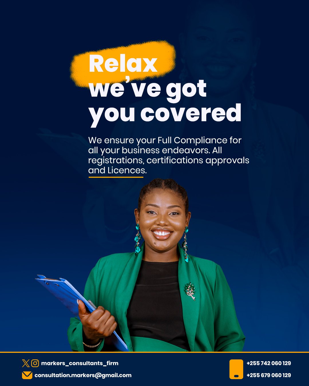 A smiling woman holding a clipboard, standing against a blue background with text advertisements for a consulting firm that provides compliance assistance and contact information.