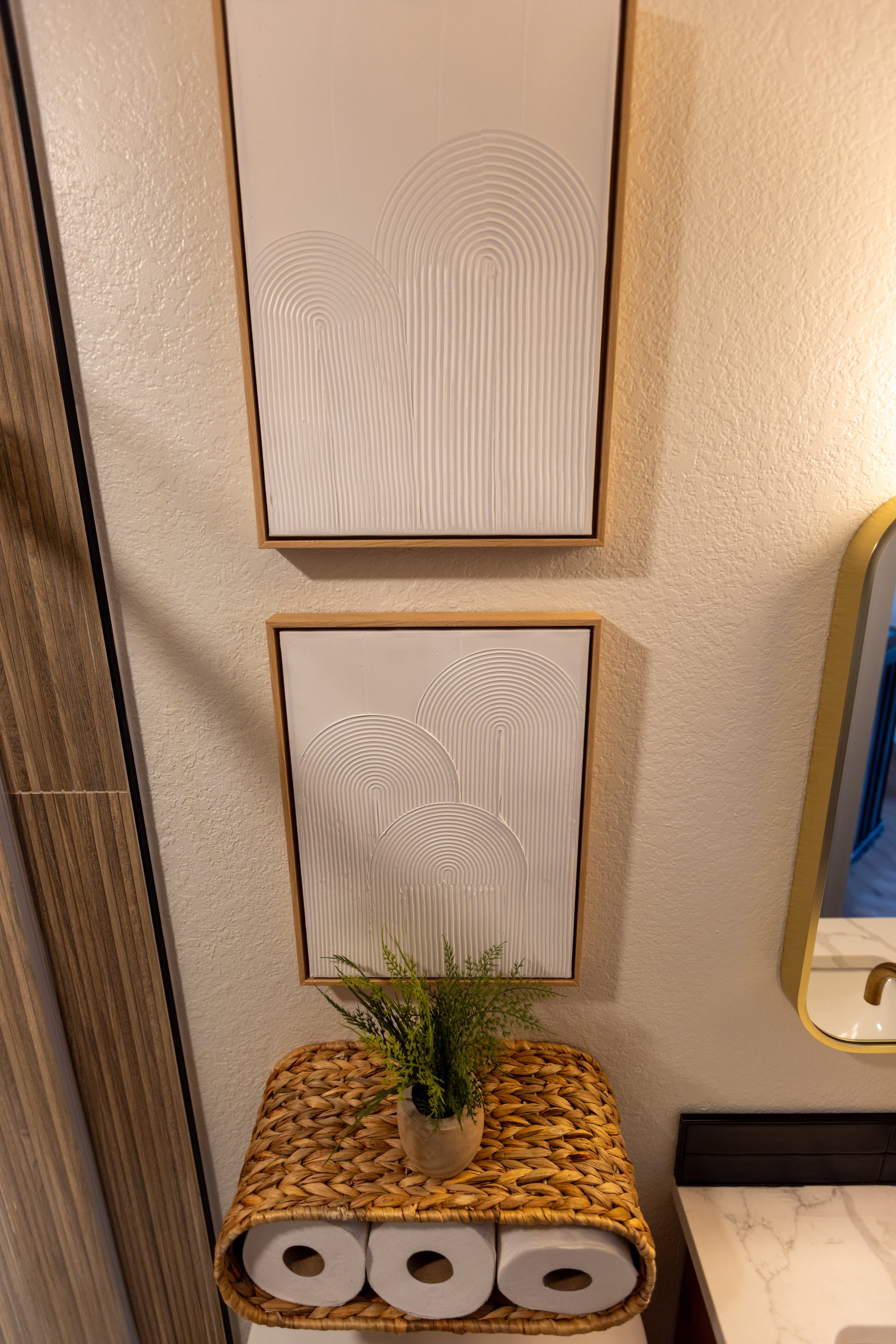 Wall with two framed abstract art pieces above a woven table holding a potted plant and three rolls of toilet paper.