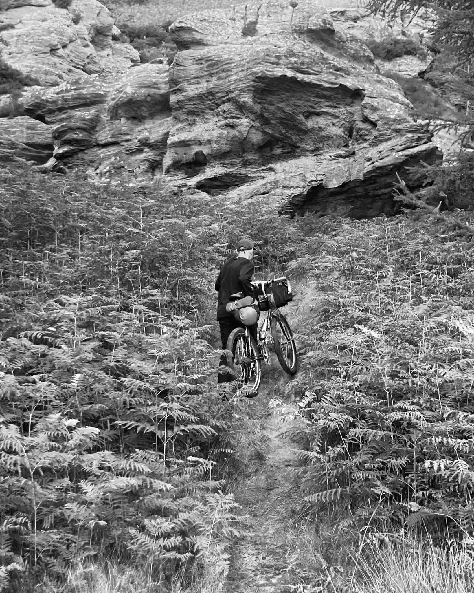 A person with a bicycle on a narrow trail surrounded by dense foliage, with large rock formations in the background.