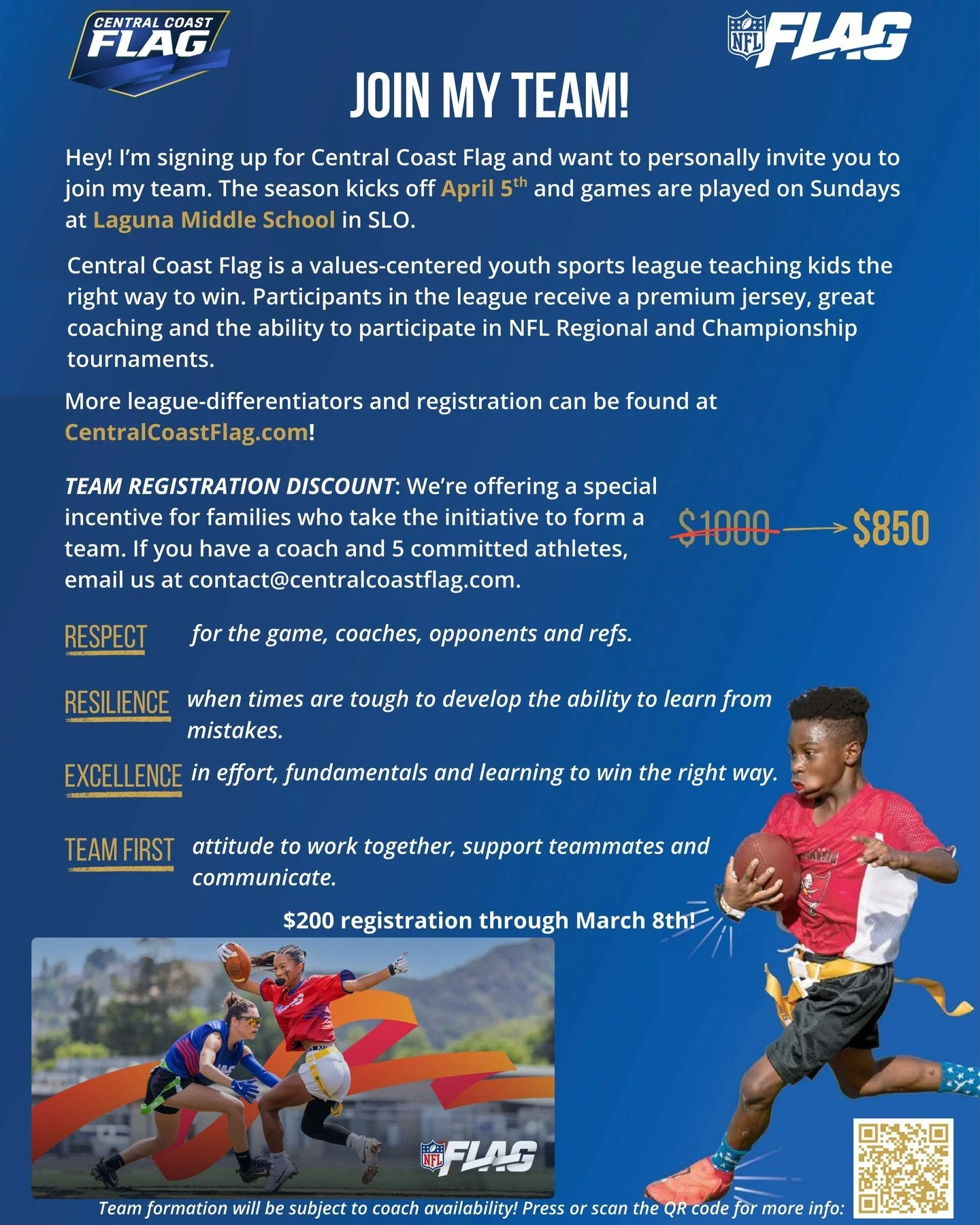 Build your own squad! 🏈

Central Coast Flag is offering a Team Registration Discount for groups that come ready to roll. We&rsquo;ve created a downloadable flyer to make sharing easy. Check our Story Highlights for the link.

✔️ 5 athletes
✔️ 1 comm