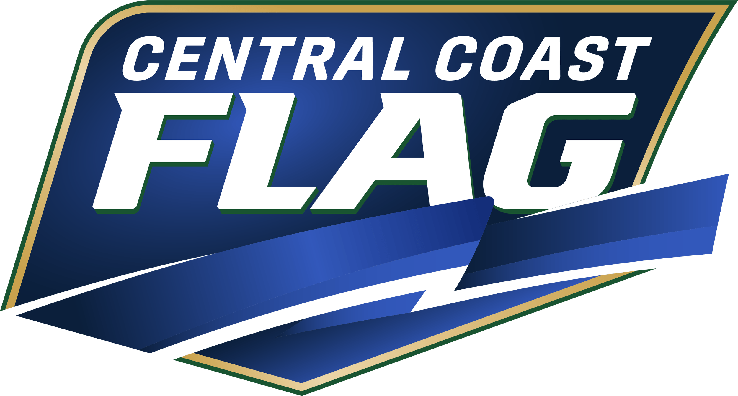 Logo for Central Coast Flag with bold text and a blue and gold banner.