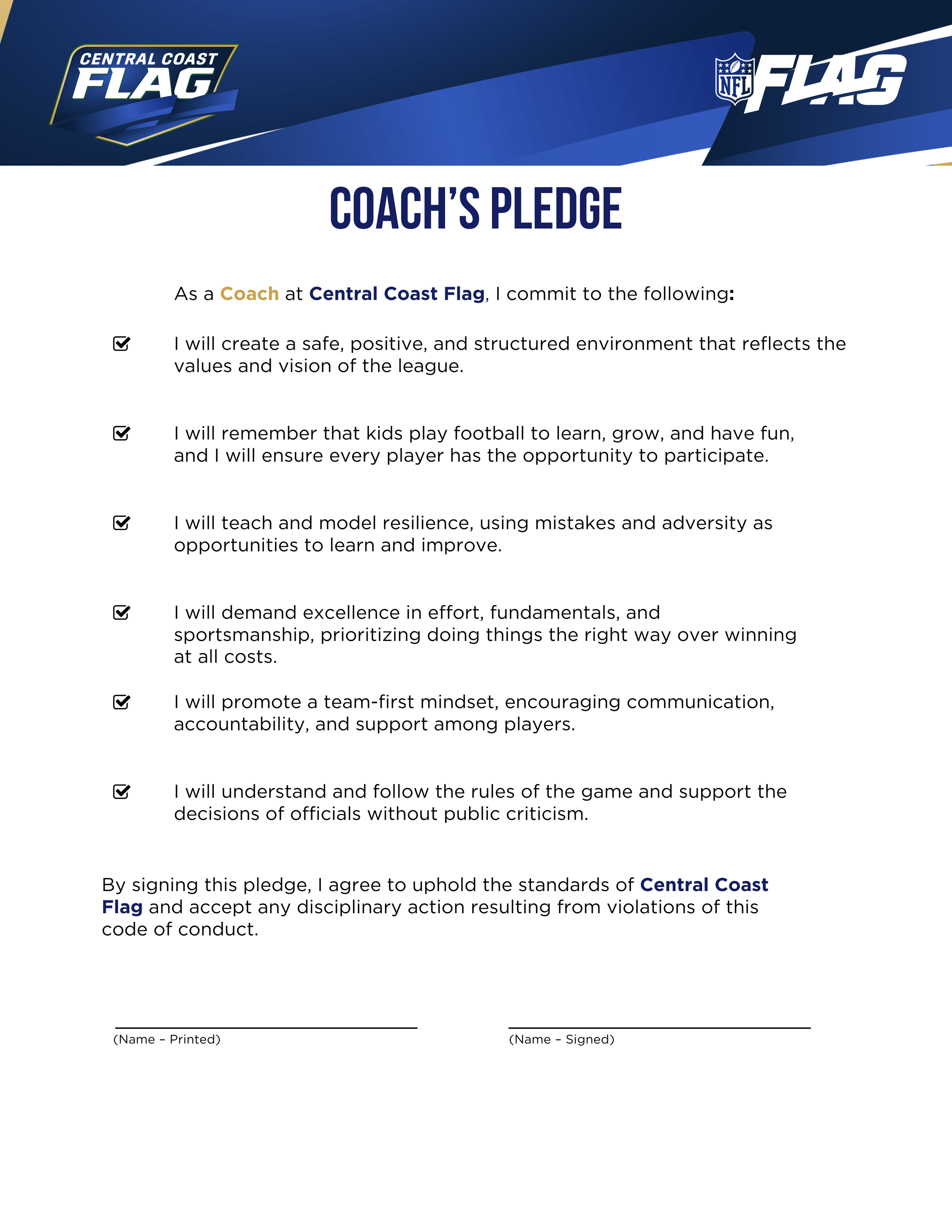 Coach's pledge for all volunteer coaches