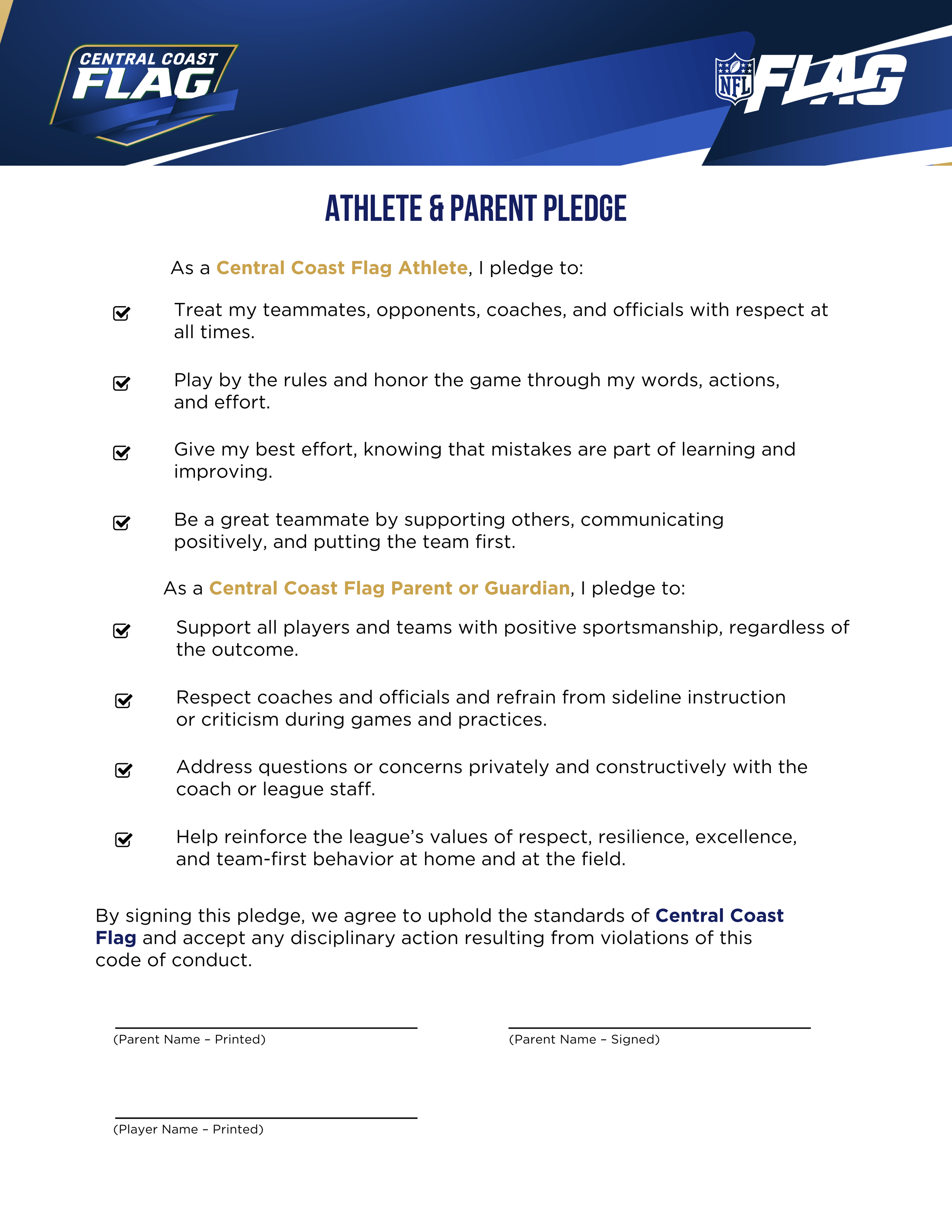 Athlete and parent pledge form for all participants