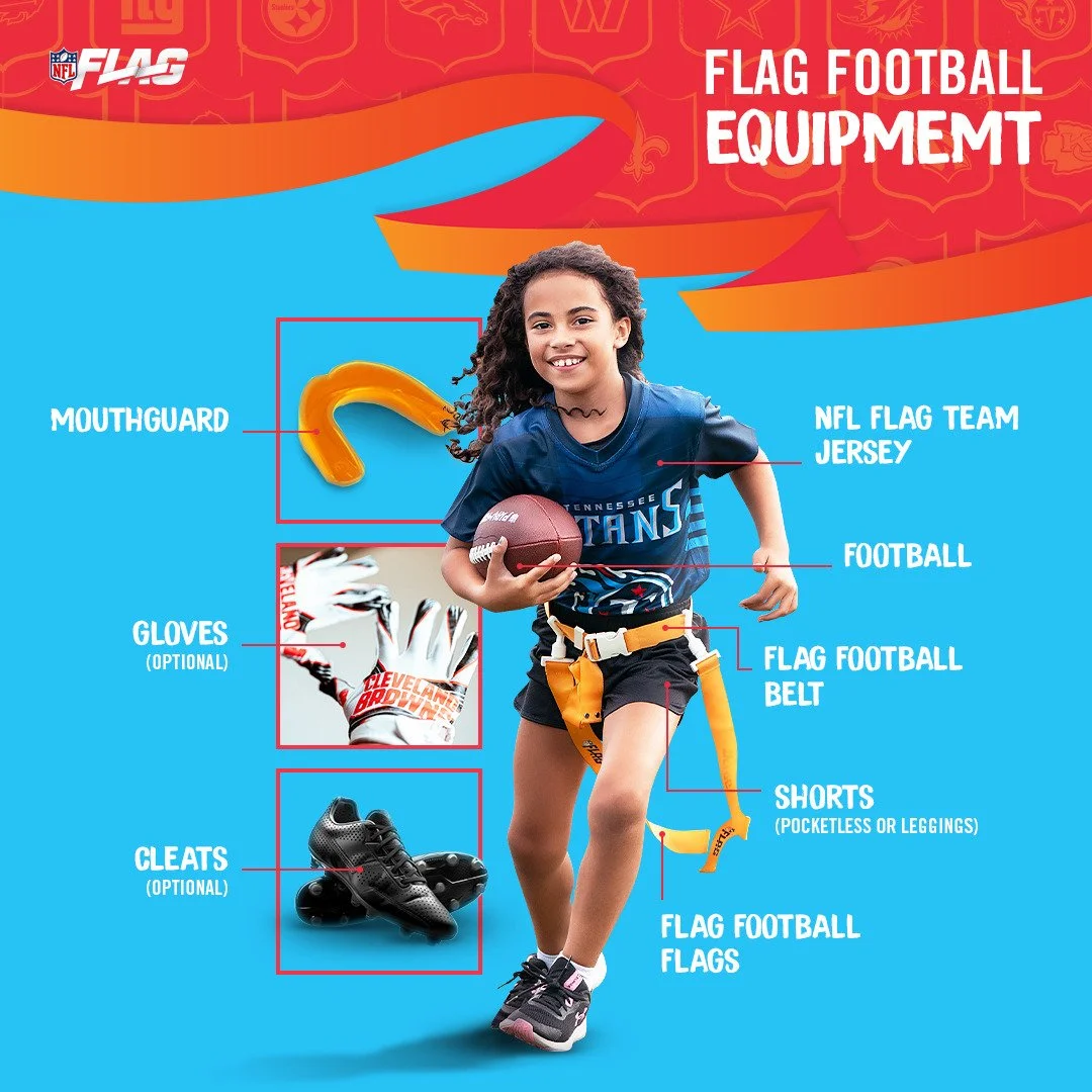 Young girl in NFL Tennessee Titans jersey with football and flag football equipment including mouthguard, gloves, cleats, flag belt, shorts, and flags, standing on a blue background with red upper banner.