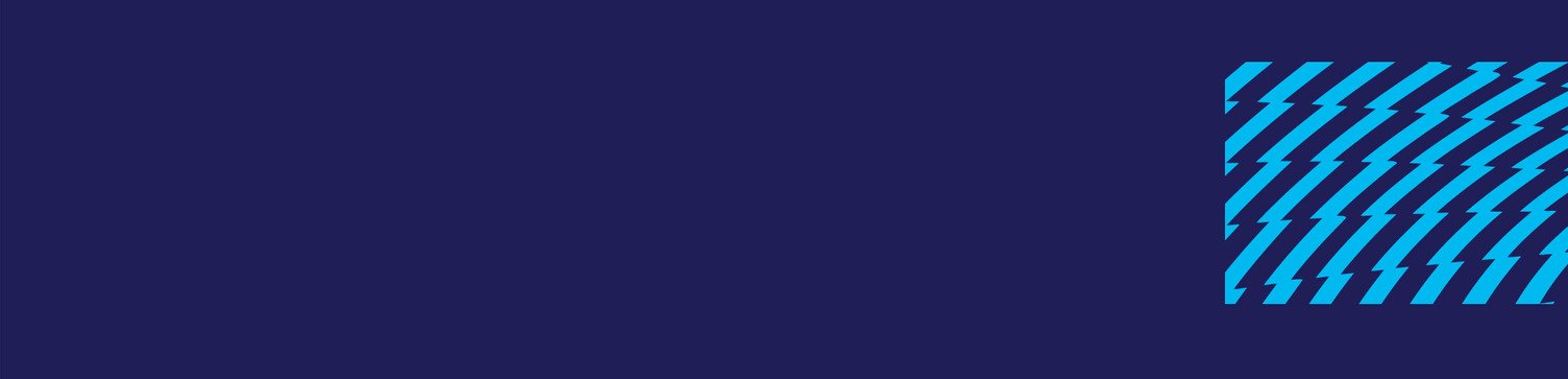 A dark blue background with a distressed pattern of lightning bolts in light blue on the top right corner.