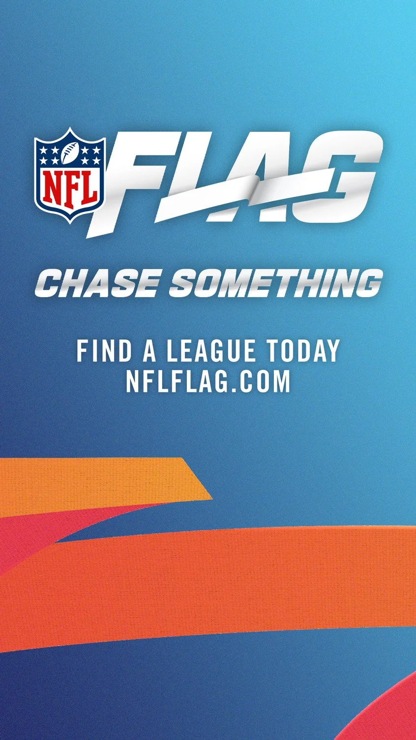 NFL Fan Flag advertisement with the slogan "Chase Something" and a call to find a league at NFLFlag.com.