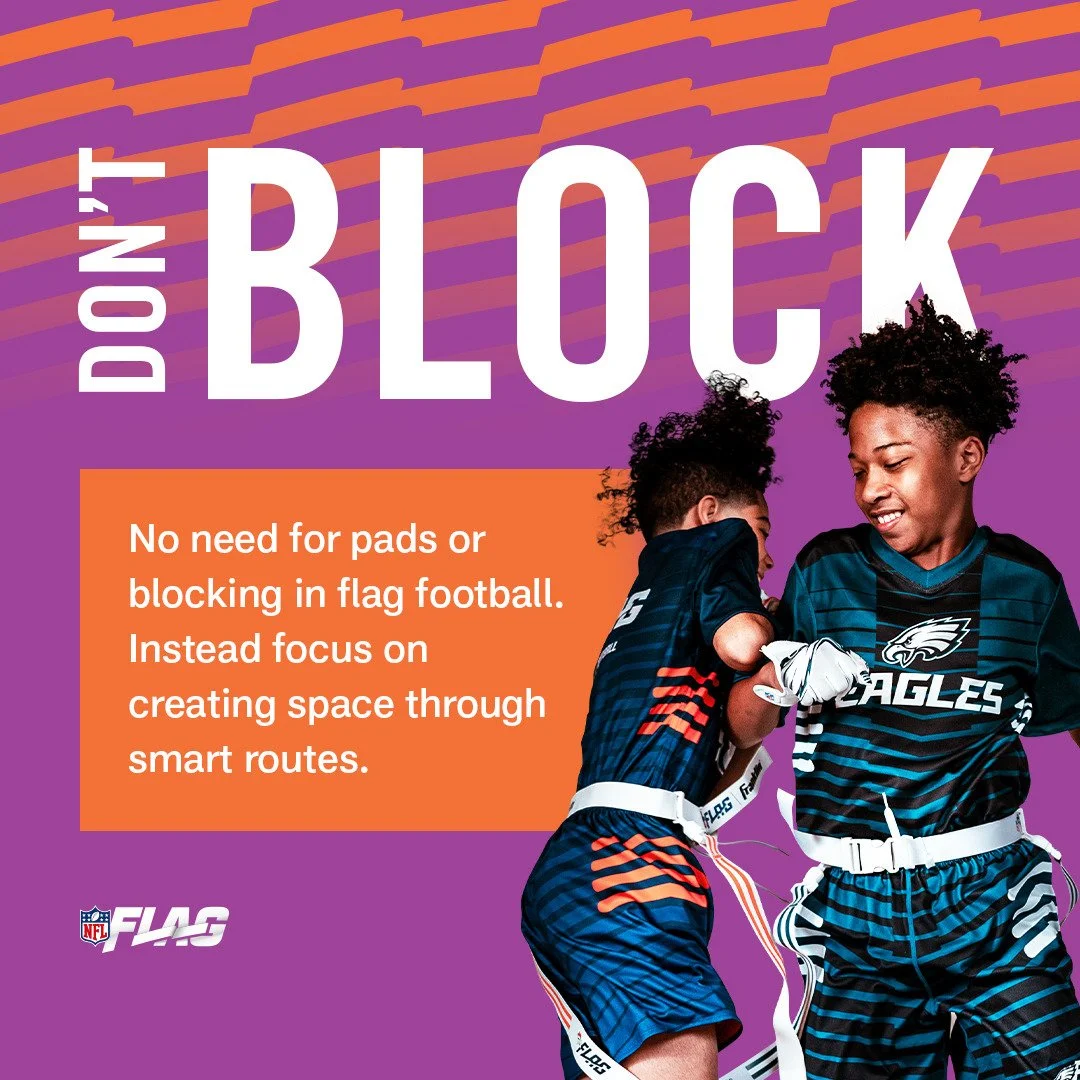 Children in flag football uniforms playing and practicing skills together. One child helping another with a football glove.