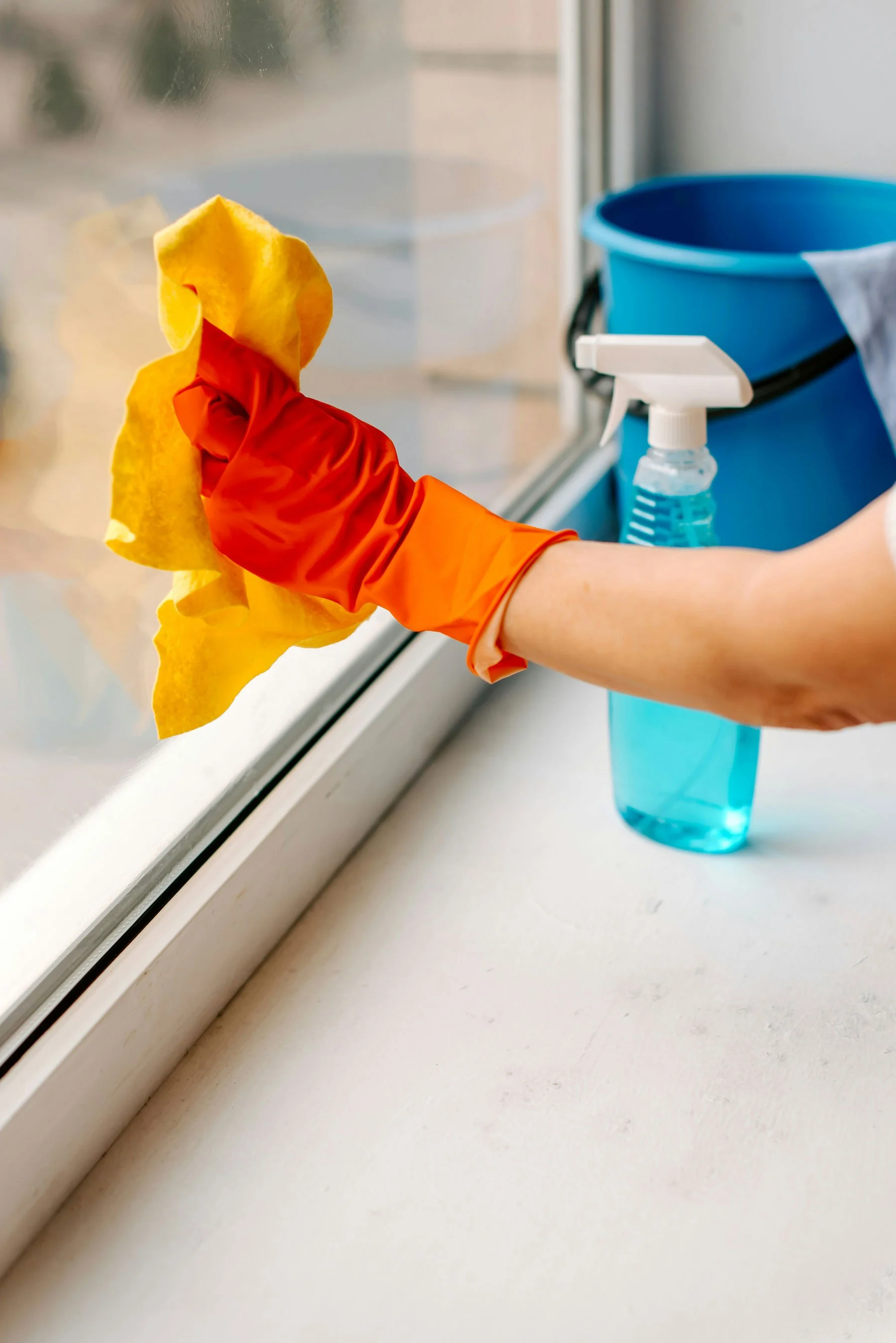 A caregiver provides senior housekeeping assistance by cleaning a window in an older adult's home.