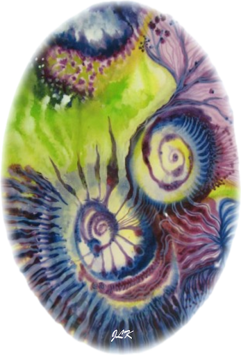 Abstract watercolor painting with spiral shapes in purple, yellow, blue, and green.