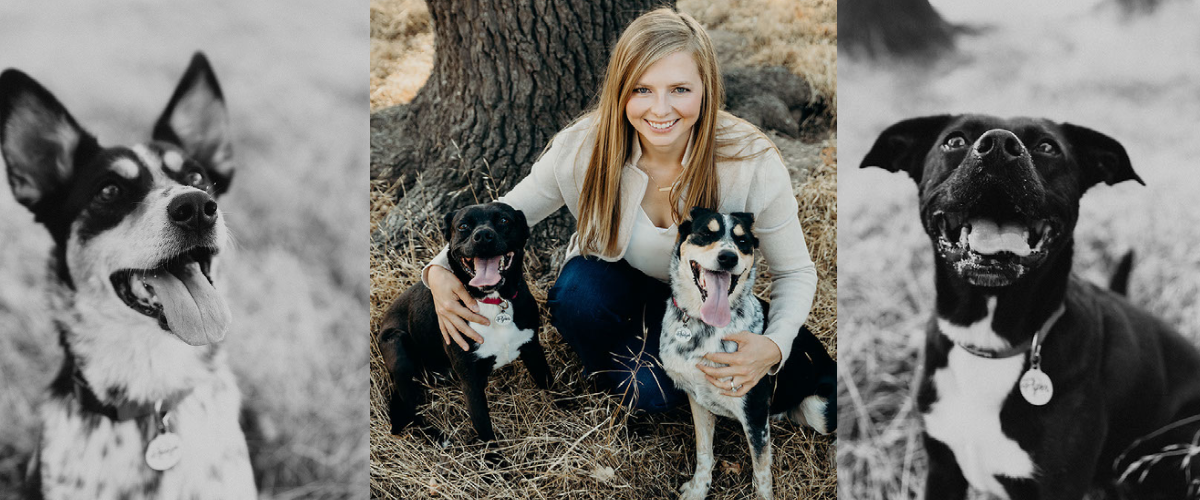 A young woman sitting outdoors on grass with a large tree in the background, smiling and holding two dogs, one on each side.