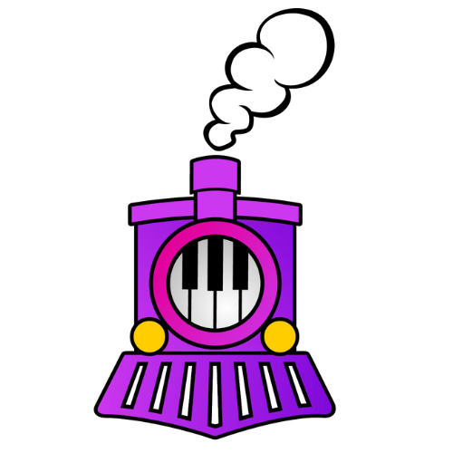 A cartoon purple train with a round pink face, black and white striped wheels, yellow lights, and white smoke coming from the chimney.