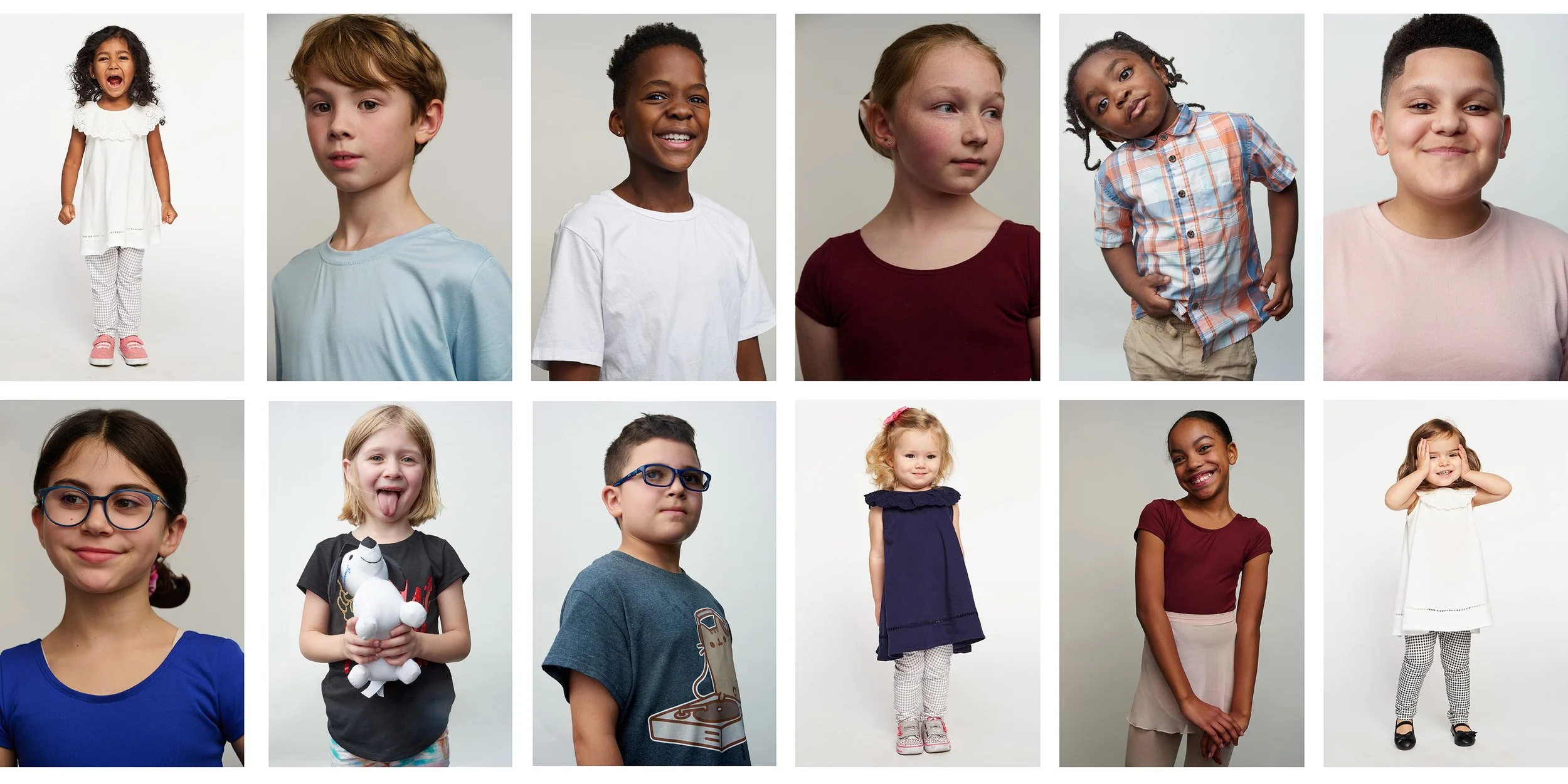 A collage of twelve children, each with different expressions and poses, against a neutral background.