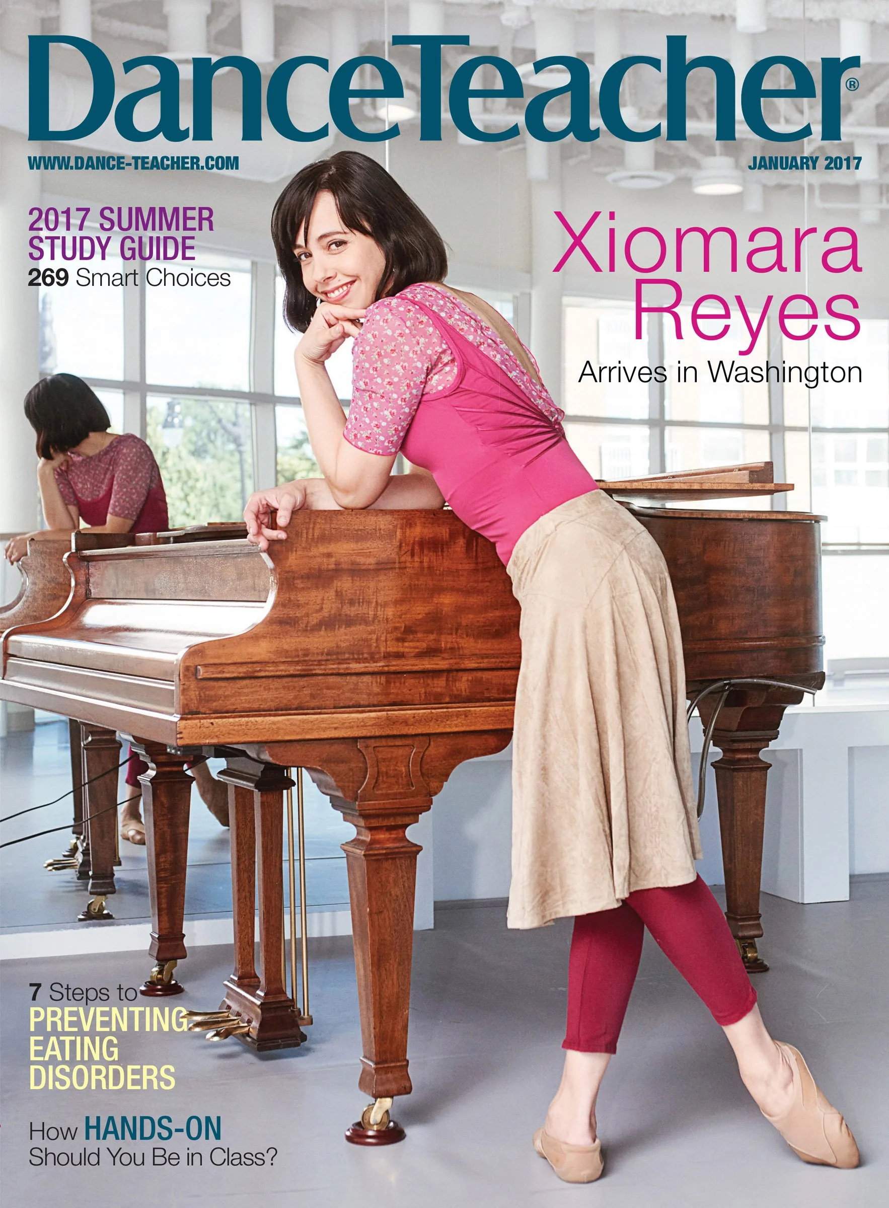 Magazine cover of Dance Teacher magazine, January 2017. Features a woman in pink top and beige skirt leaning on a grand piano, smiling at the camera. In the background, another woman in pink is seen with her head down, reflected in a mirror.