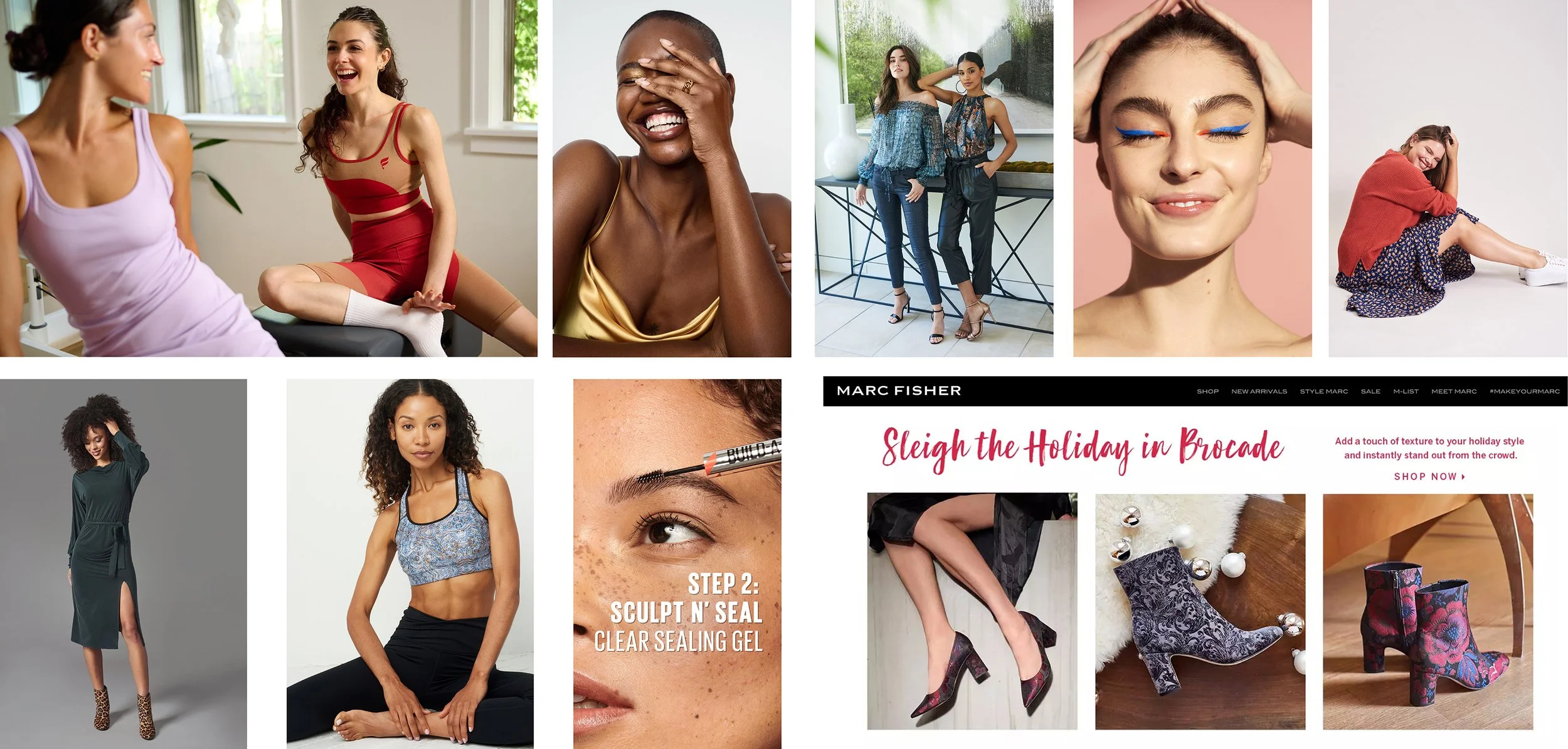 A collage of women enjoying themselves, with some sitting and others standing in various fashionable outfits. There is also an image of a woman getting her eyebrows done, and several pictures of stylish shoes and boots.