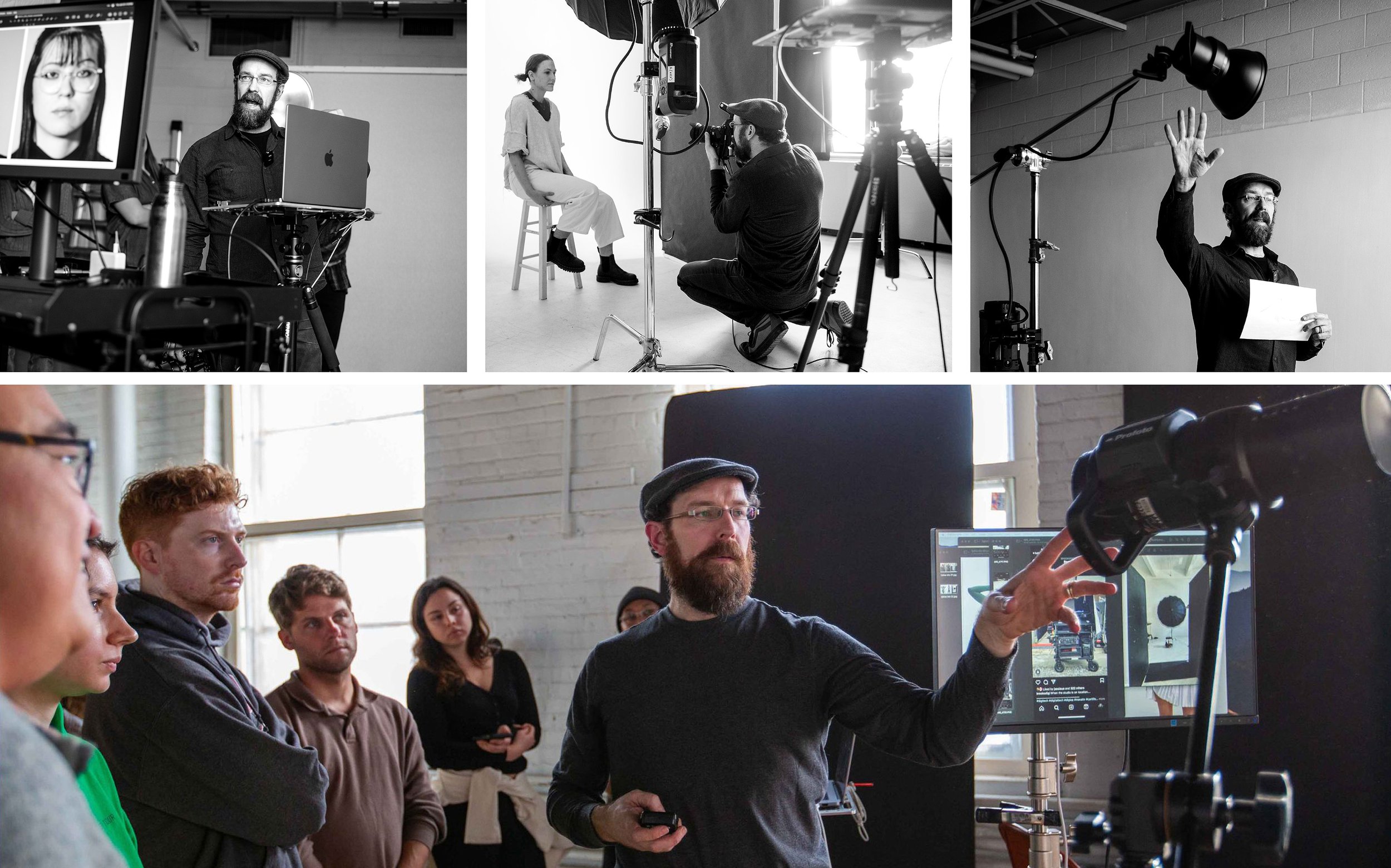 A collage of four scenes from a film or photo shoot studio. The top row has three images showing a woman being photographed or filmed by different crew members, with equipment and people taking pictures or video. The bottom image features a man with a beard and glasses explaining or demonstrating something to a group of people using a monitor and a camera setup.