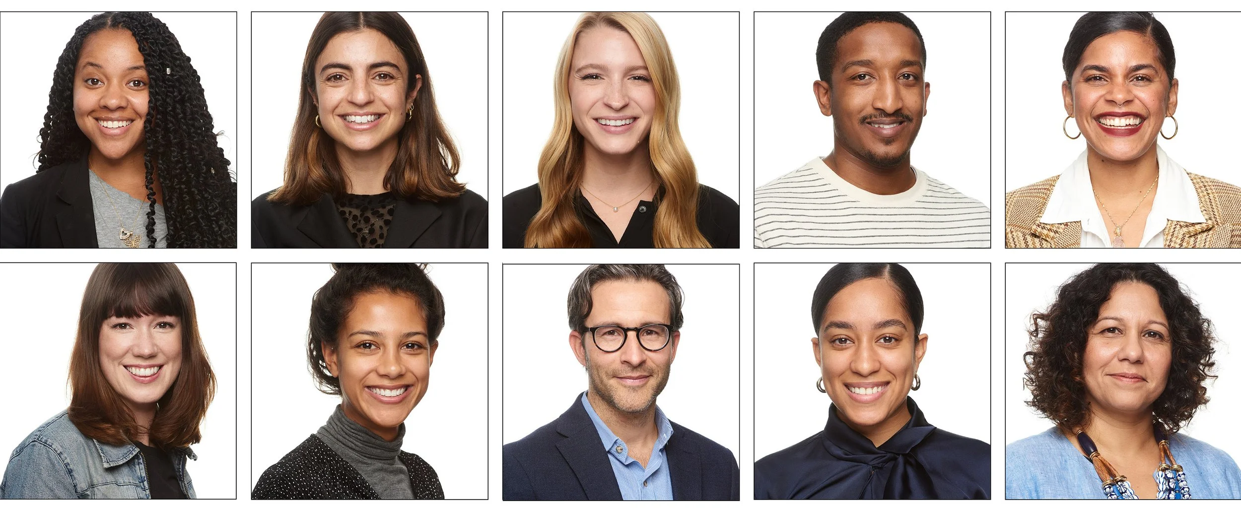 Collage of ten diverse smiling professionals in business casual attire, arranged in two rows of five, against a white background.