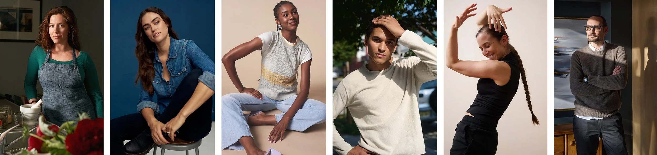 Collage of seven diverse individuals posing in various settings, including indoors and outdoors, dressed in casual and semi-casual clothing.