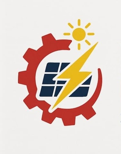 A graphic logo featuring a red gear, a yellow sun, and a yellow lightning bolt over a blue grid.