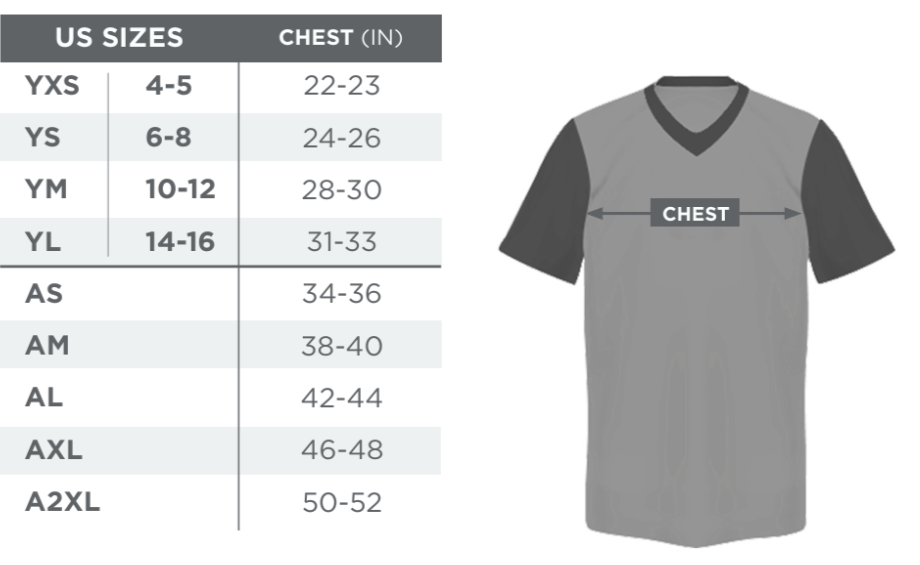 A size chart for shirts showing US sizes and corresponding chest measurements, alongside an illustration of a shirt with an arrow indicating chest measurement.