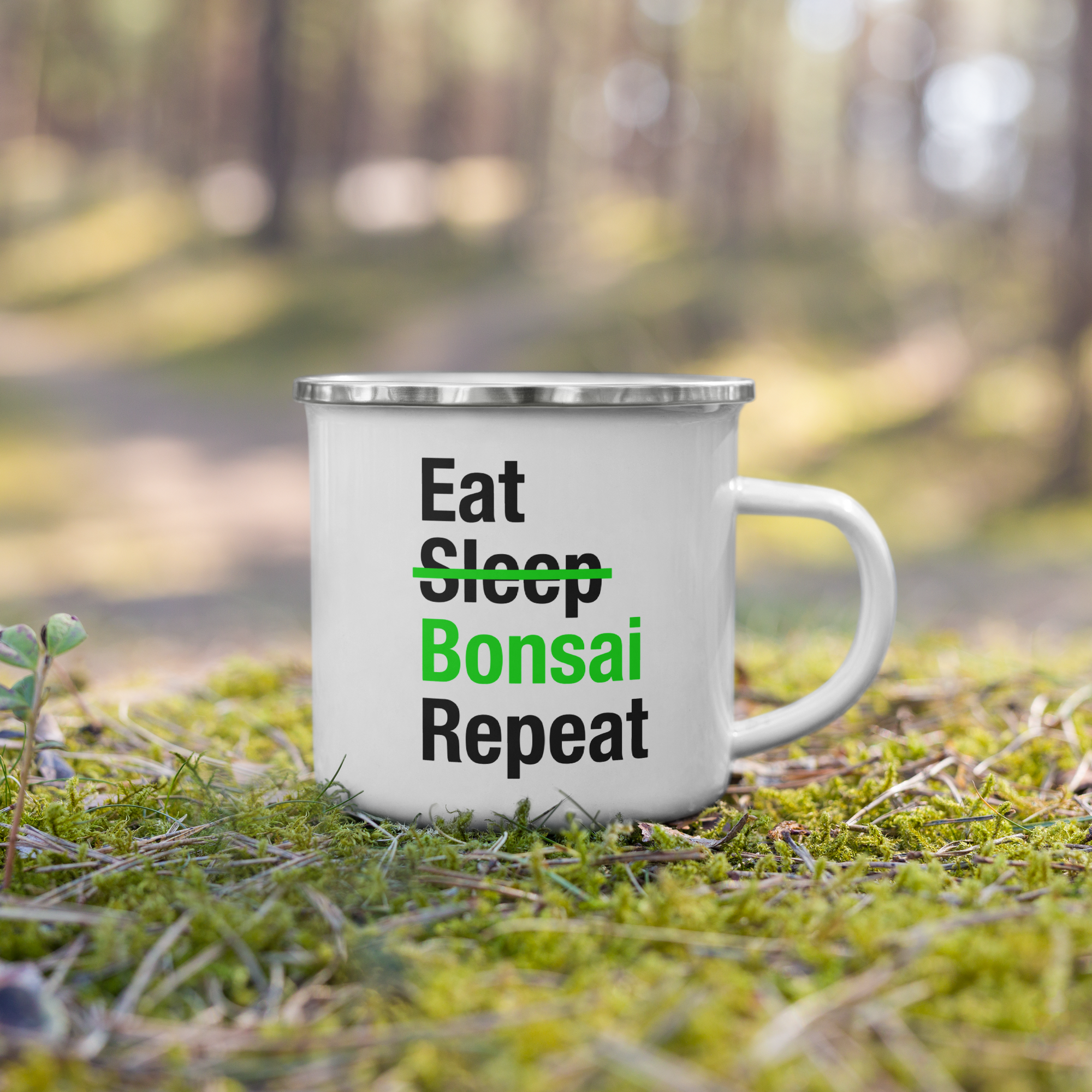 White mug with "Eat, Sleep, Bonsai, Repeat" Logo
