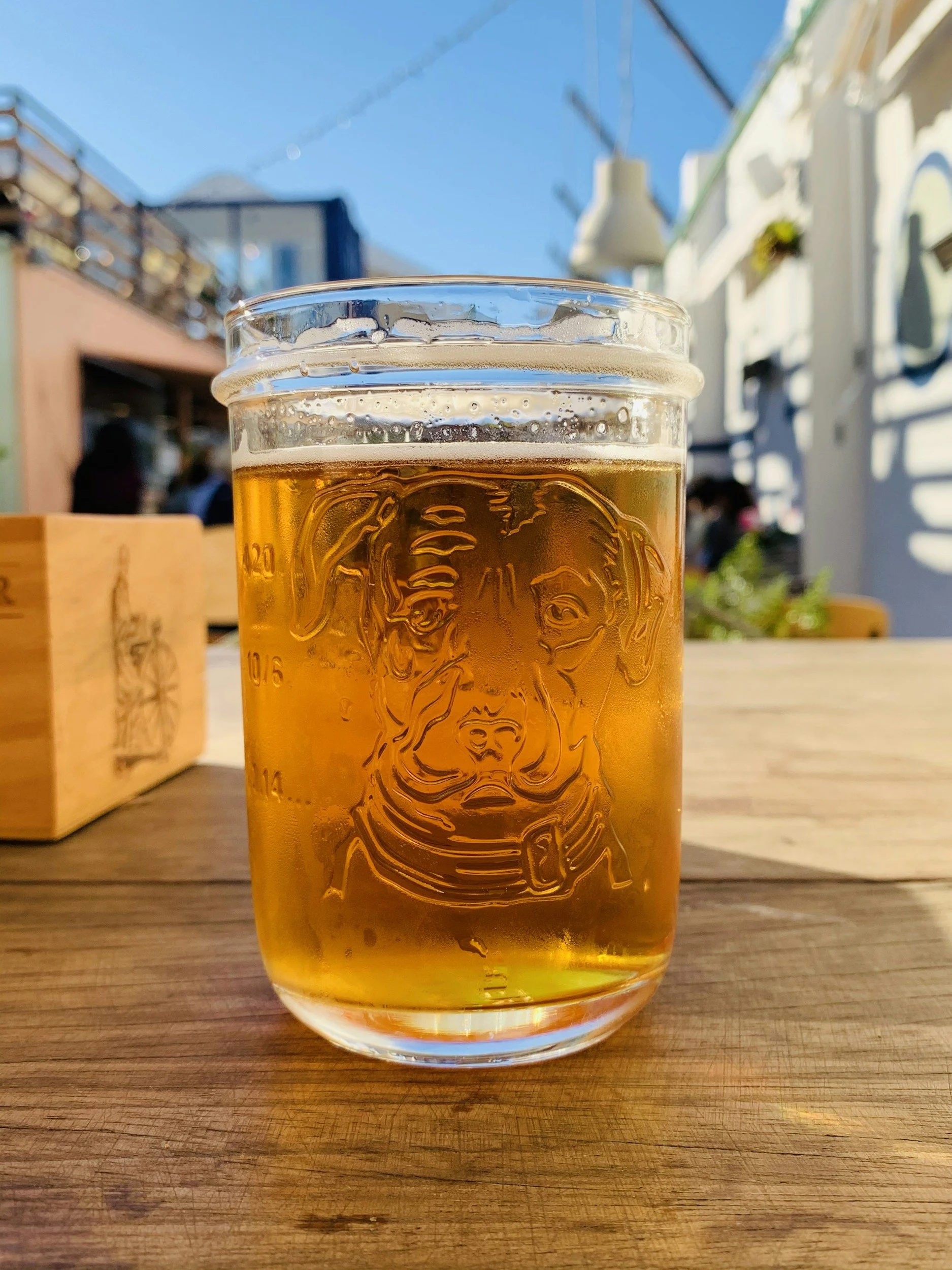 A glass of beer on a wooden table outdoors on a sunny day, with a dog engraved on the glass.
