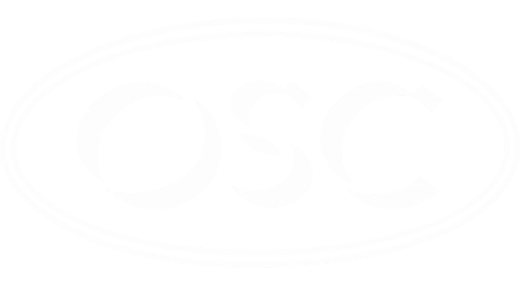 Black oval-shaped sign with white letters spelling 'OC' in a stylized font, outlined with bulb lights, on a black background.