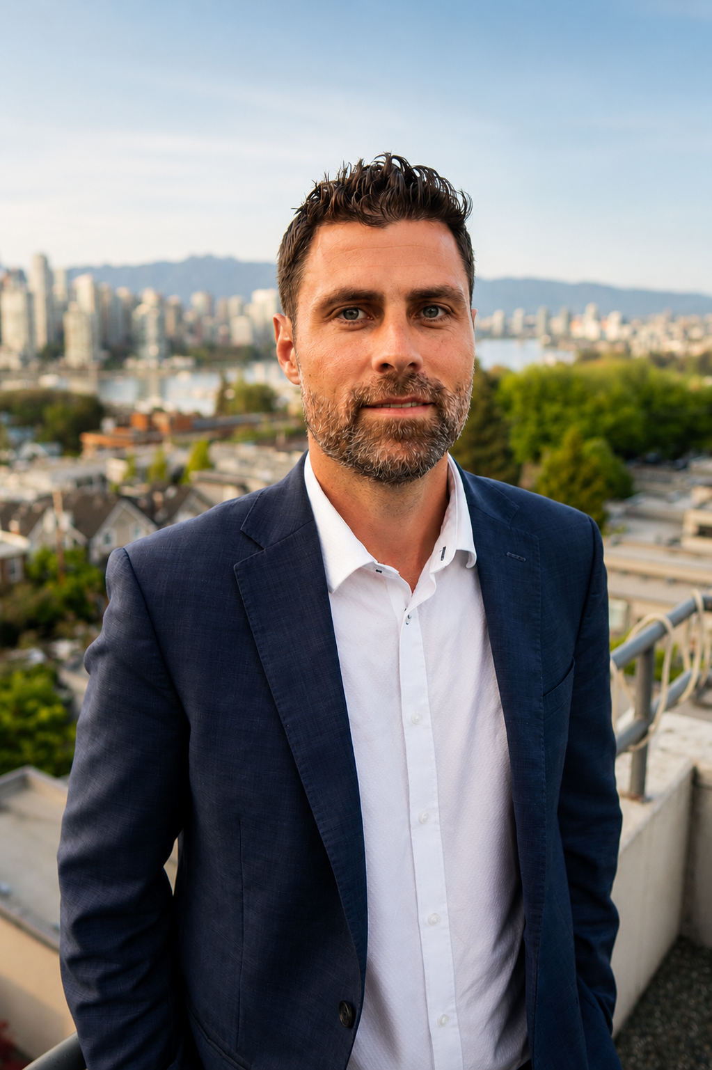 A man with dark hair and a beard wearing a navy blazer and white shirt stands on a rooftop with city buildings, trees, and mountains in the background.