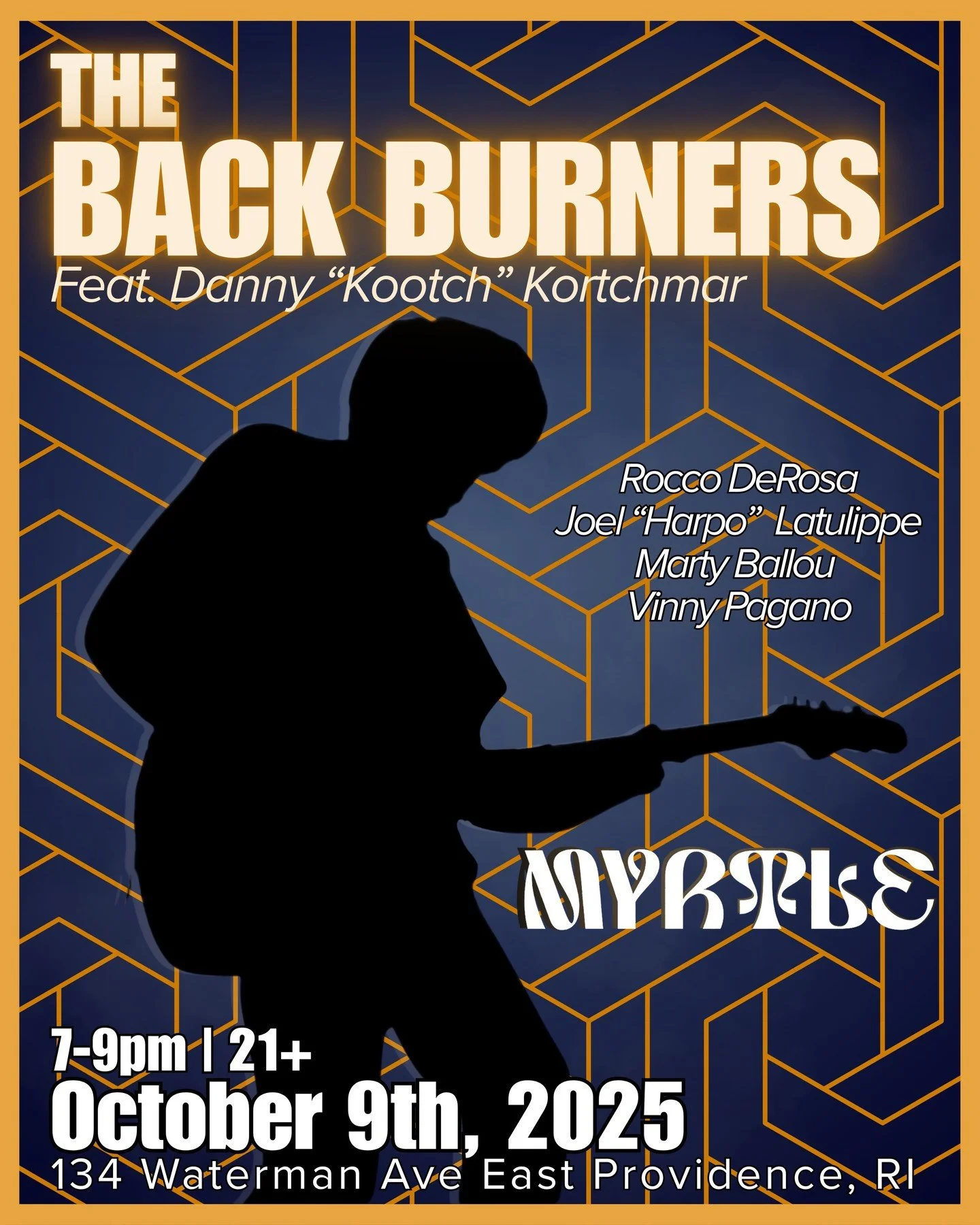 IT'S FINALY HERE! We are incredibly excited to announce our first show as The Back Burners at @myrtle.rhodeisland. This group consists of the incomparable @danny_kortchmar_ , @roccoderosamusic, @jslat85, @balloumarty, and @vinny_chenz_pagano. We will