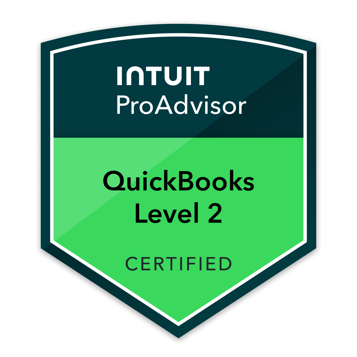 Badge with green and dark blue sections, displaying 'INTUIT ProAdvisor,' 'QuickBooks Level 2,' and 'CERTIFIED' for QuickBooks certification.