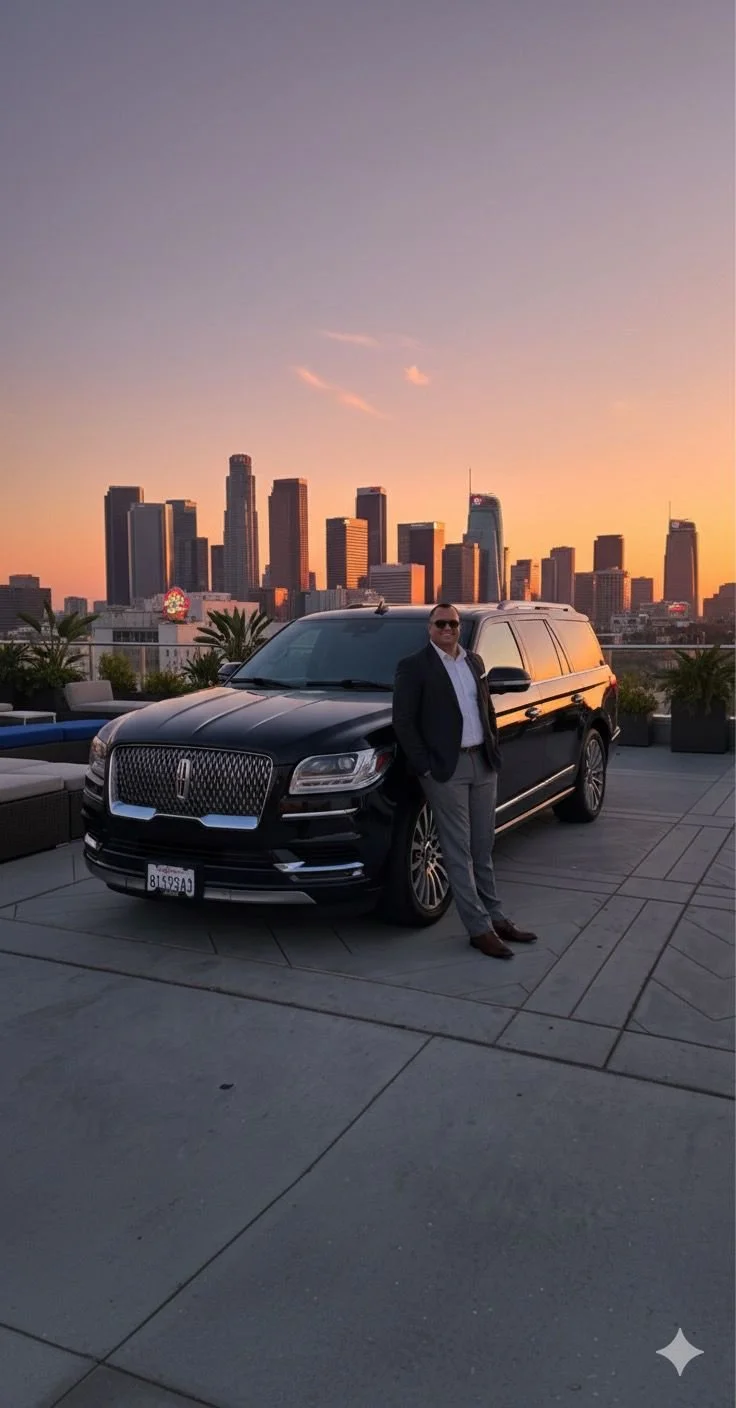 A man in a suit and sunglasses standing next to a black Lincoln SUV on a rooftop parking lot with a city skyline during sunset in the background.