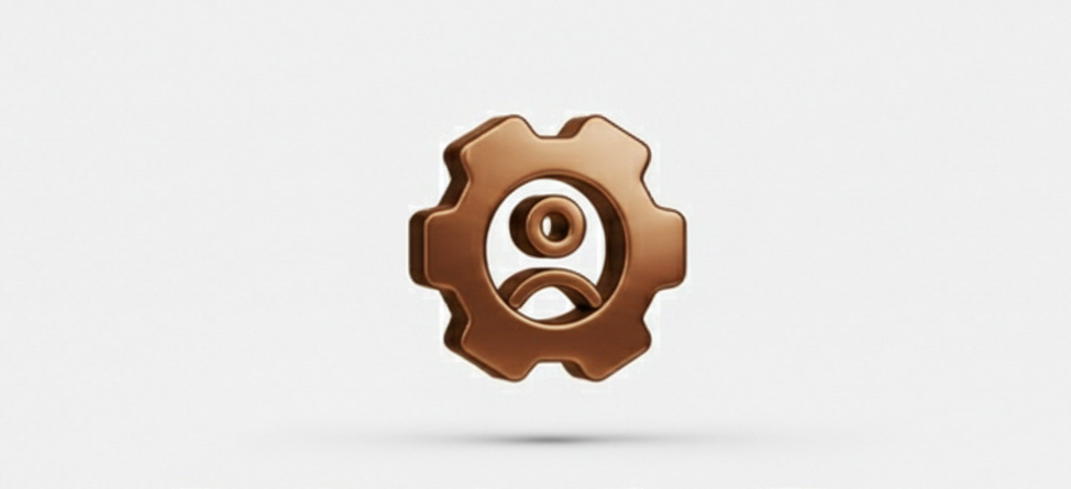 A chocolate gear icon with a sad face in the center.