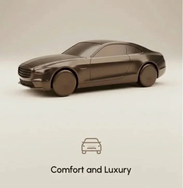 Chocolate-colored model of a luxury sedan car with the caption "Comfort and Luxury" underneath.