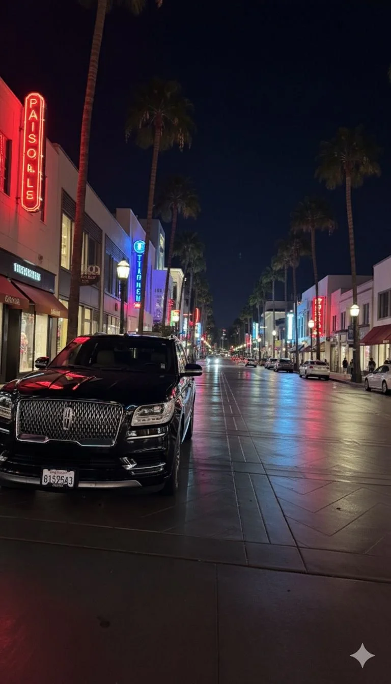 Nighttime street scene with palm trees, neon lights, and parked cars on both sides, including a prominent black luxury vehicle in the foreground.