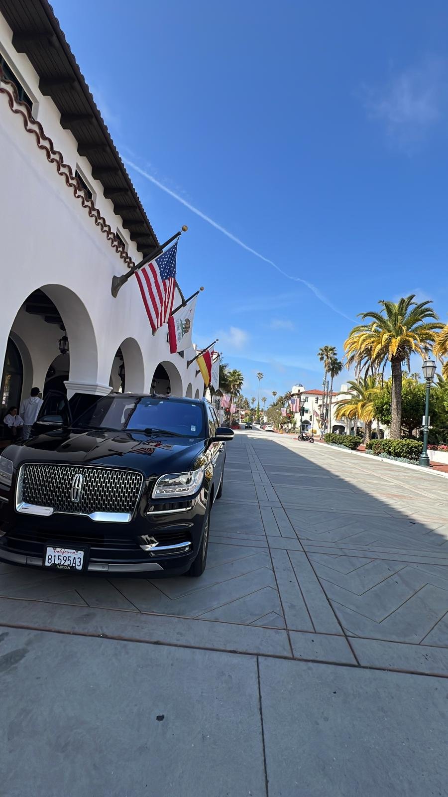 Black luxury SUV parked on a palm-lined street with white buildings, American flags, and a clear blue sky.