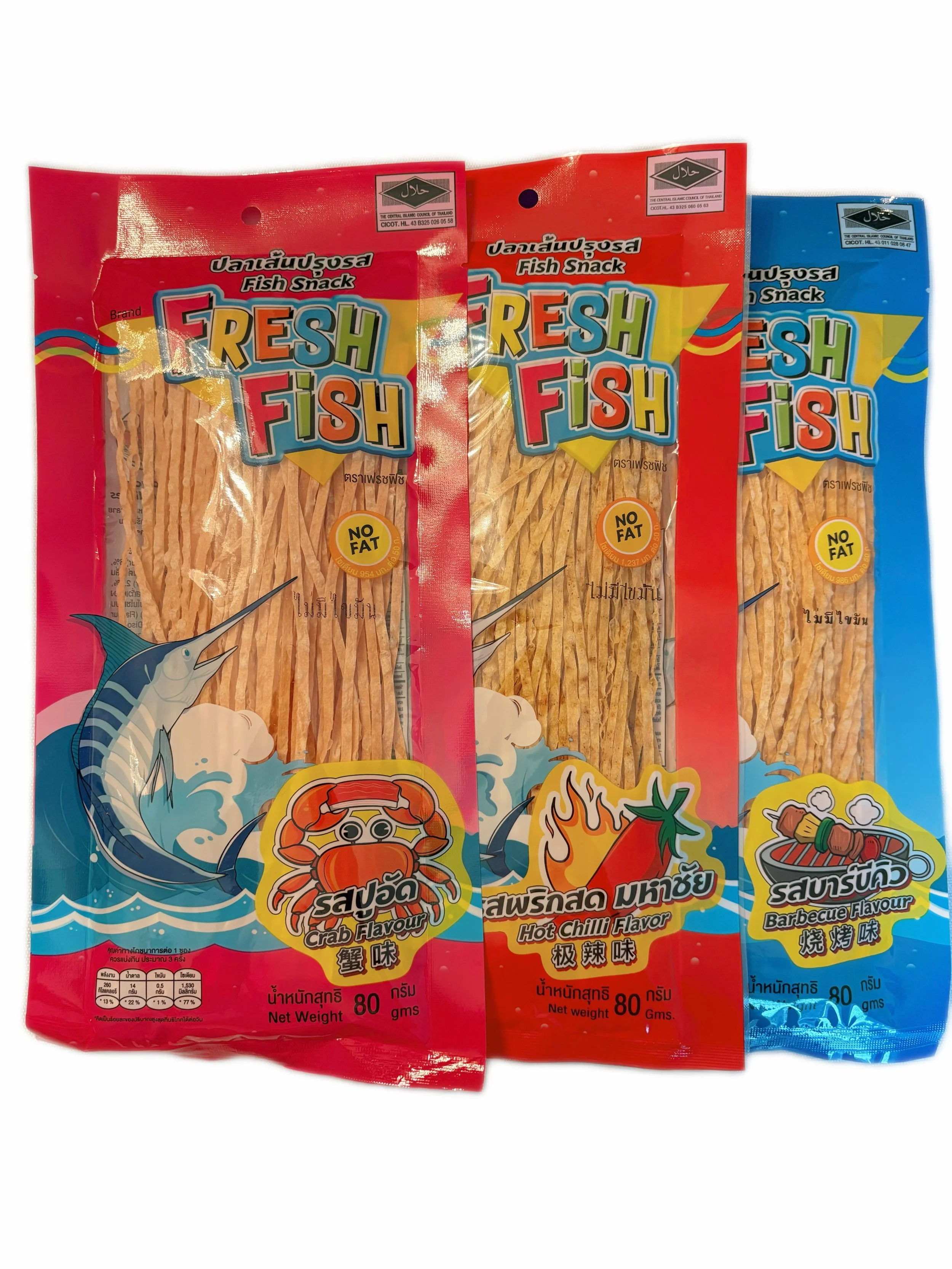 Three packages of Fresh Fish snack in crab, hot chili, and barbecue flavors, each weighing 80 grams, with colorful packaging and fish illustrations.